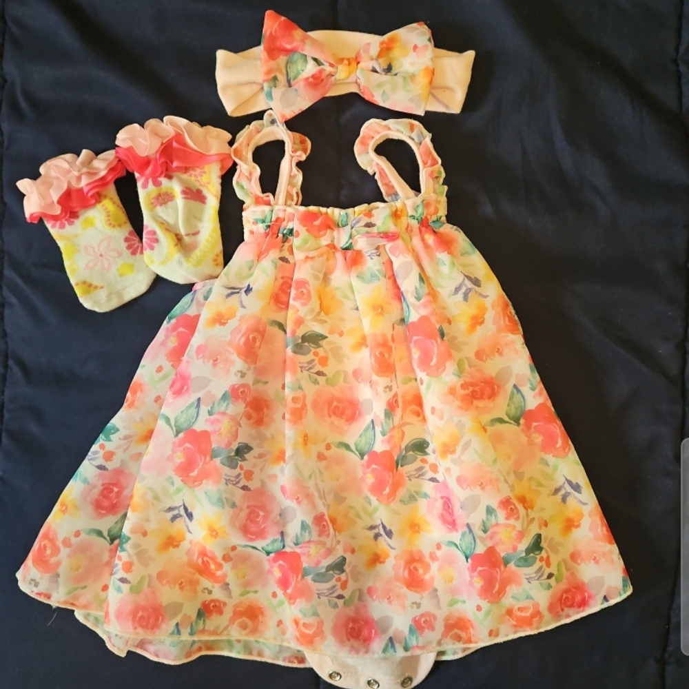 Floral Baby Dress with Headband and Socks